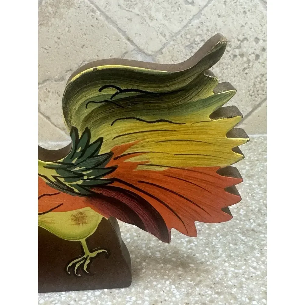 VTG Wooden Rooster Shelf Sitter Folk Art Colorful Hand Painted Farmhouse Country
